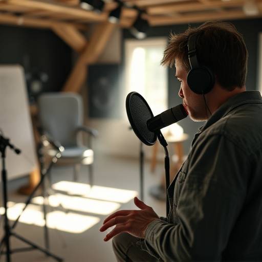 A Foley artist creating sound effects in a studio setting.