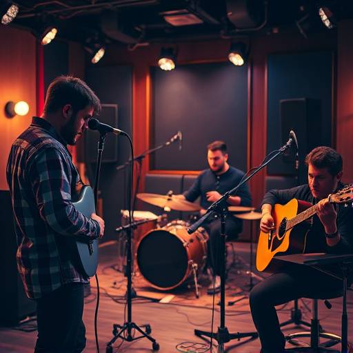 A live recording session with multiple musicians in a professional studio.