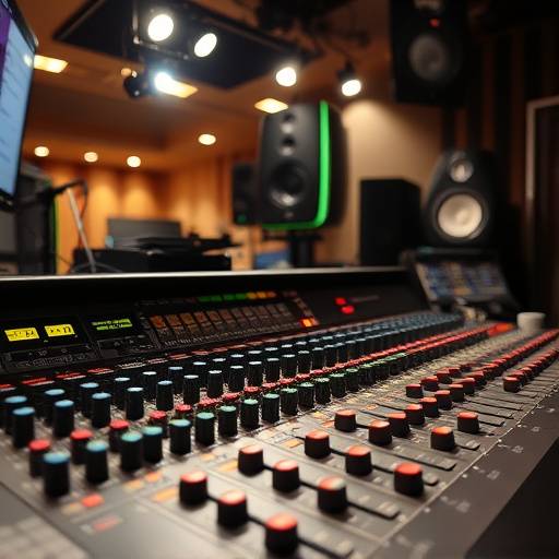 A professional mixing console with various knobs and faders.