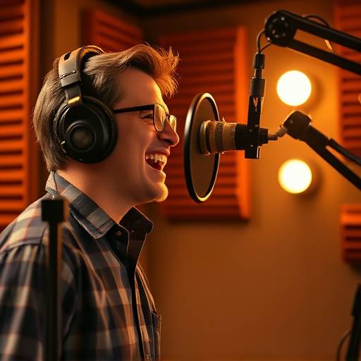 A professional voice actor recording in a soundproof booth.