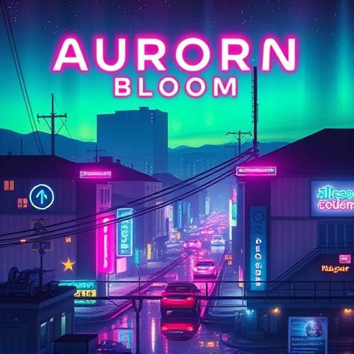 Album cover for 'City Lights' by Aurora Bloom, showcasing neon cityscapes.