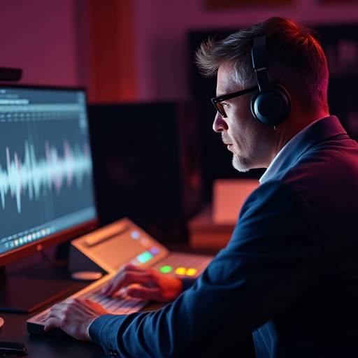 Mastering engineer working at a computer with waveform display.
