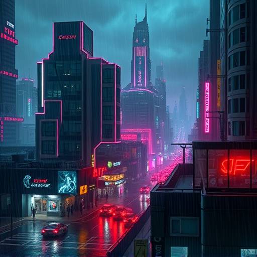Screenshot from the video game 'Cyberpunk City 2077,' showing a futuristic cityscape.